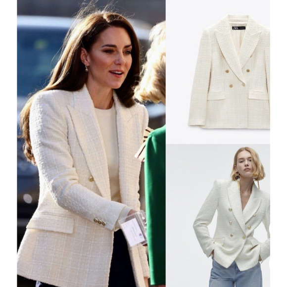 Zara Double Breasted Textured Weave Blazer Jacket XL Ecru Royal Kate Middleton - Picture 1 of 16